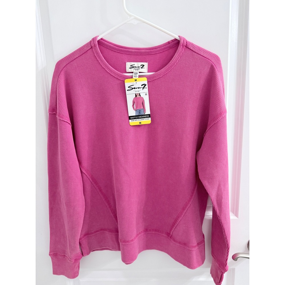 Seven7 Womens Waffle Crewneck Sweatshirt Pink Thermal Knit Long Sleeve Size M